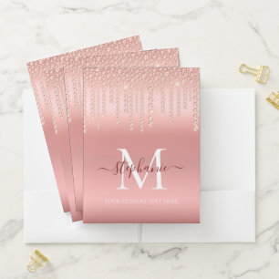 Rose Gold Sparkle Diamond Monogram Script Pocket Folder
