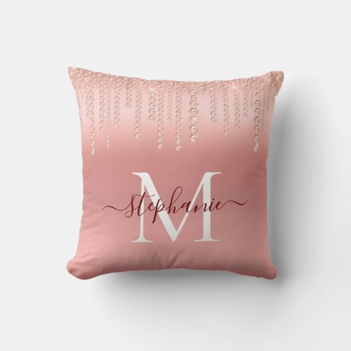 Rose Gold Sparkle Diamond Monogram Script Throw Pillow