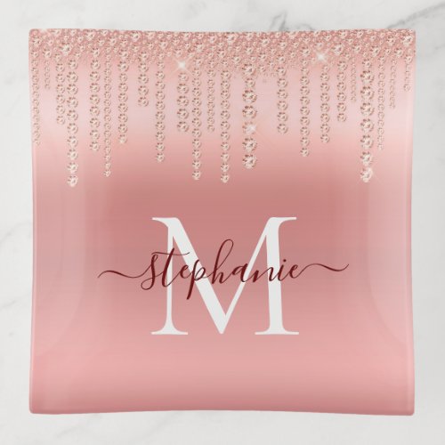 Rose Gold Sparkle Diamond Monogram Script Trinket Tray