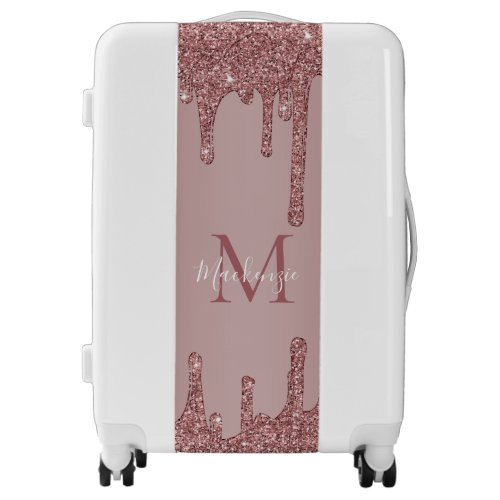 Rose Gold Sparkle Double Glitter Drips Monogram Luggage