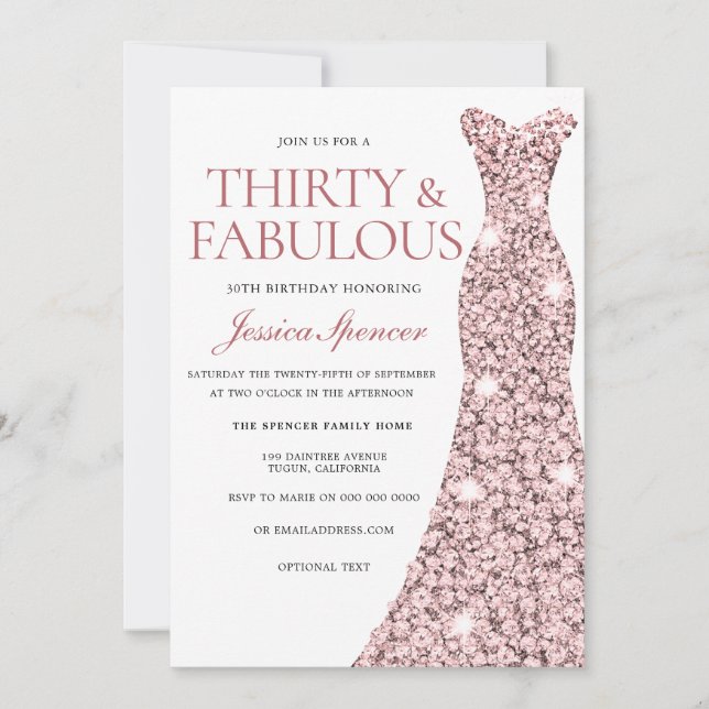 Rose Gold Sparkle Dress 30th Birthday Party Invite (Front)