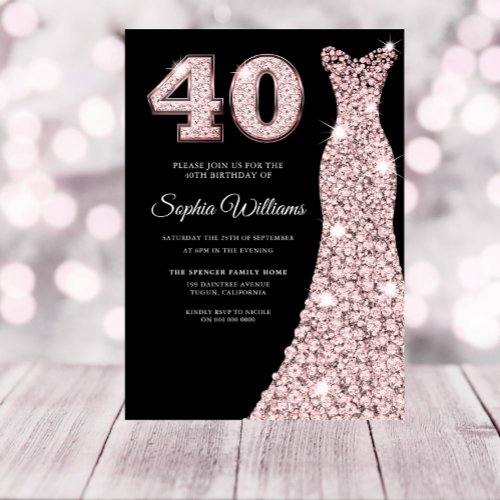 Rose gold Sparkle Dress 40th Birthday Party Black Invitation