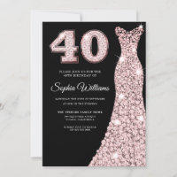 Rose gold Sparkle Dress 40th Birthday Party Black Invitation Zazzle