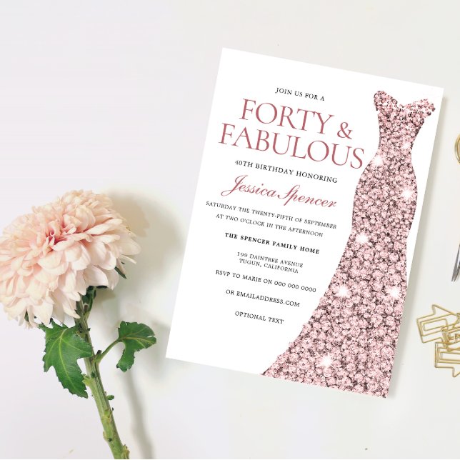 Rose Gold Sparkle Dress 40th Birthday Party Invite