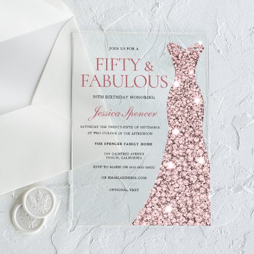 Rose Gold Sparkle Dress 50th Birthday Invite