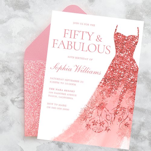 Rose Gold Sparkle Dress 50th Birthday Party  Invitation