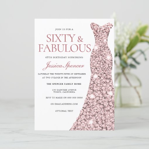 Rose Gold Sparkle Dress 60th Birthday Invite | Zazzle