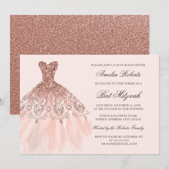 Rose Gold Sparkle Dress Bat Mitzvah Invitation (Front/Back)