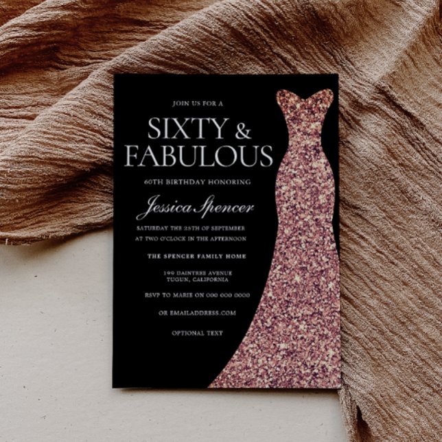 Rose Gold Sparkle Dress Black 60th Birthday Party Invitation (Creator Uploaded)