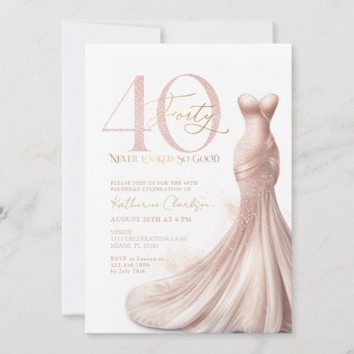 Rose Gold Sparkle Dress Blush 40th Birthday Party Invitation