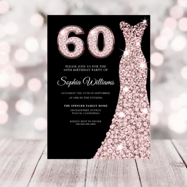 Rose Gold Sparkle Dress Blush 60th Birthday Party Invitation
