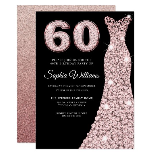 Rose Gold Sparkle Dress Blush 60th Birthday Party Invitation