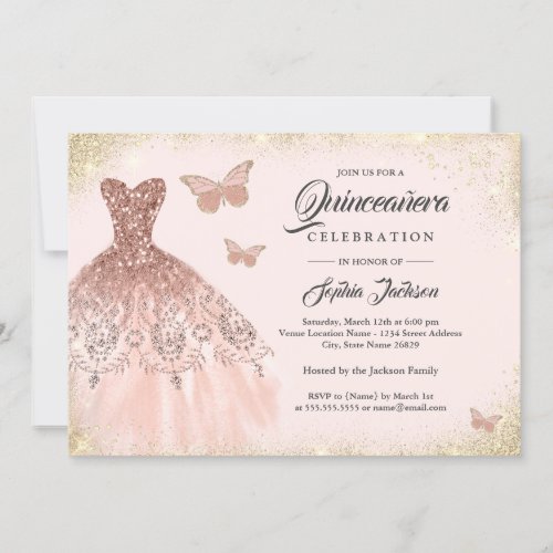 Rose Gold Sparkle Dress Butterfly Quinceanera Invitation