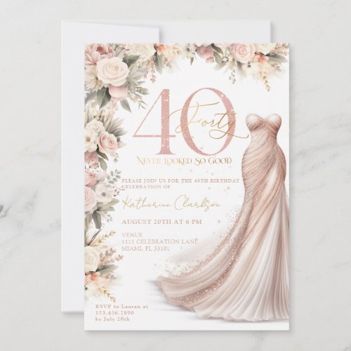 Rose Gold Sparkle Dress Floral 40th Birthday Party Invitation