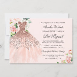 Rose Gold Sparkle Dress Floral Bat Mitzvah Invitation | Zazzle