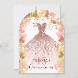 Rose Gold Sparkle Dress Quinceañera Balloon Arch Invitation