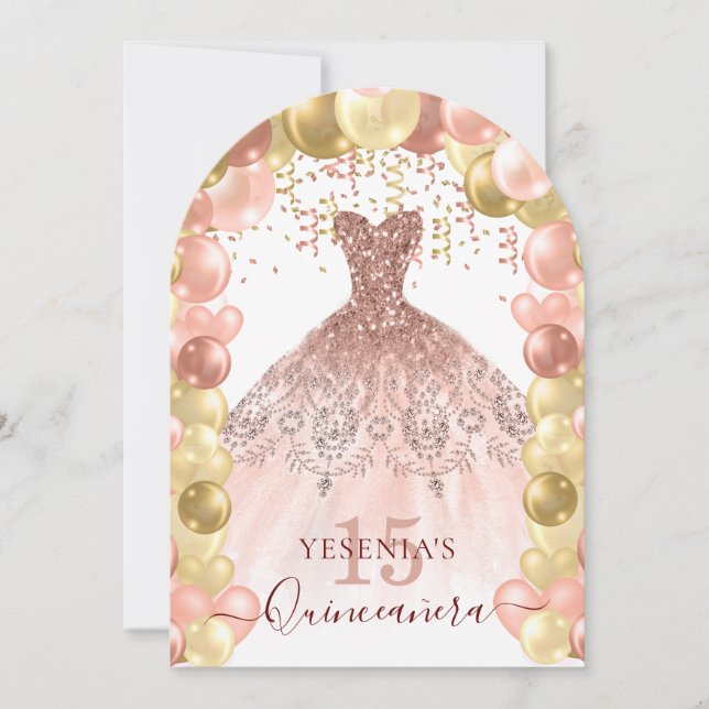 Rose Gold Sparkle Dress Quinceañera Balloon Arch Invitation (Front)