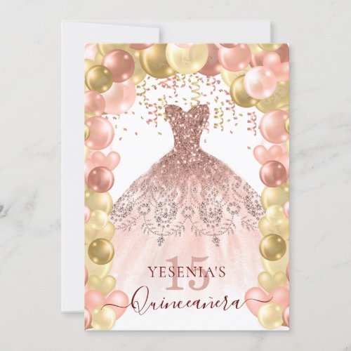 Rose Gold Sparkle Dress Quinceaera Balloon Arch Invitation