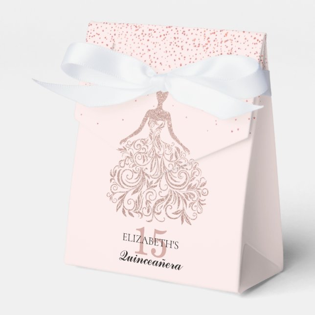 Rose Gold Sparkle Dress Quinceañera Glitter Pink Favor Boxes (Front Side)