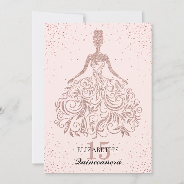 Rose Gold Sparkle Dress Quinceañera Glitter Pink Invitation (Front)
