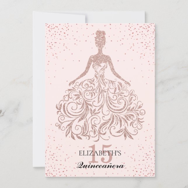 Rose Gold Sparkle Dress Quinceañera Glitter Pink Invitation (Front)