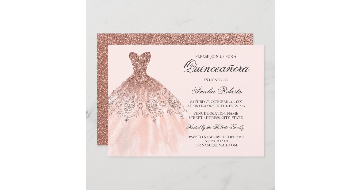 Elegant Personalized Rose Gold Glitter Quinceanera Invitations