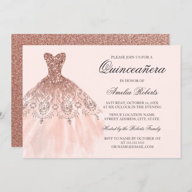 Rose Gold Sparkle Dress Quinceanera Invitation | Zazzle