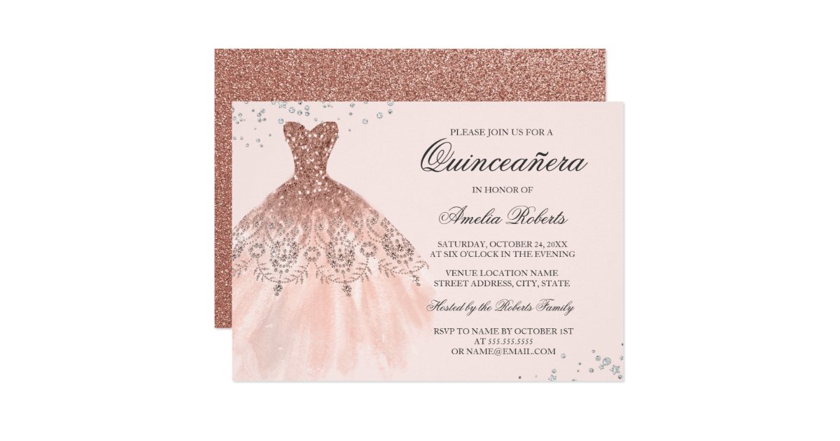 Rose Gold Sparkle Dress Quinceanera Invitation