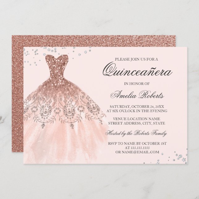 Rose Gold Sparkle Dress Quinceanera Invitation (Front/Back)