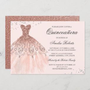 Rose Gold Sparkle Dress Quinceanera Invitation