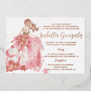 Rose Gold Sparkle Dress Quinceañera Invitation Foil Invitation