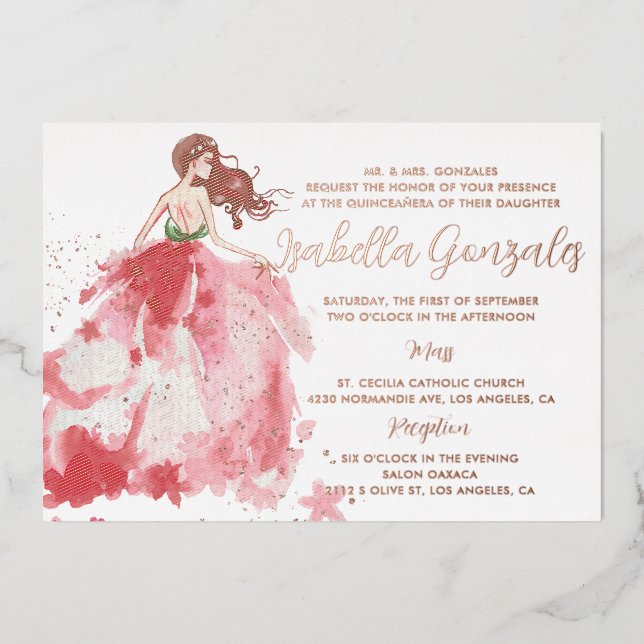 Rose Gold Sparkle Dress Quinceañera Invitation Foil Invitation (Front)