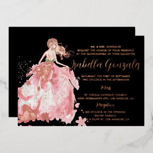 Rose Gold Sparkle Dress Quinceañera Invitation Foil Invitation