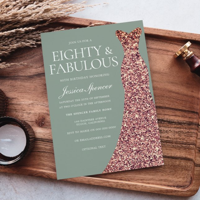 Rose Gold Sparkle Dress Sage 80th Birthday Party Invitation (Creator Uploaded)