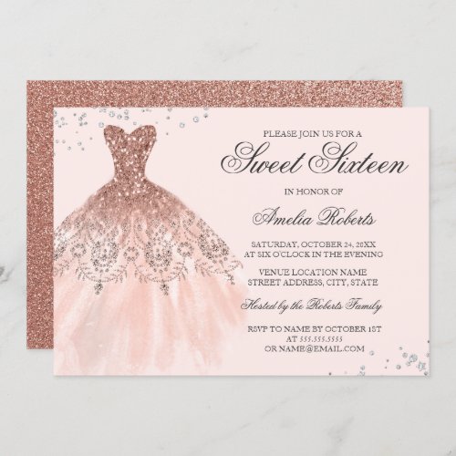 Rose Gold Sparkle Dress Sweet Sixteen Invitation