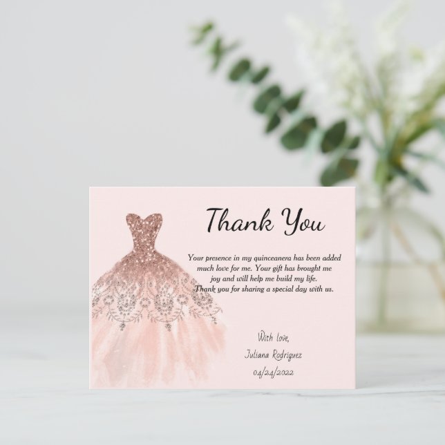 Rose Gold Sparkle Dress Thank you card Quinceaera | Zazzle