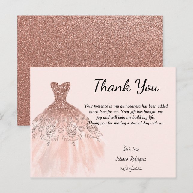 Rose Gold Sparkle Dress Thank you card Quinceaera | Zazzle