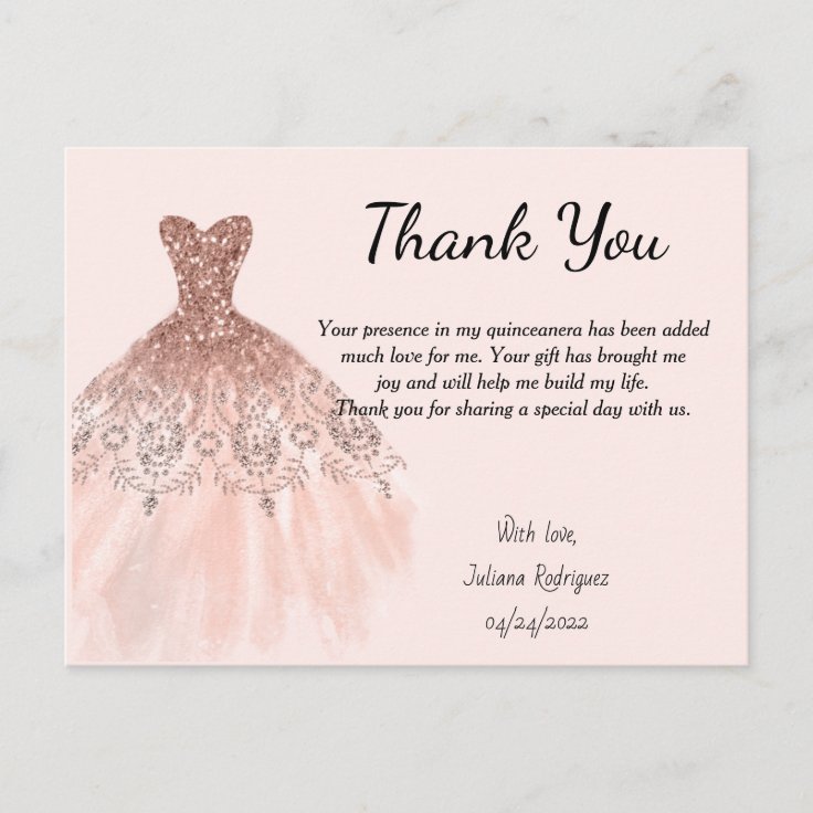 Rose Gold Sparkle Dress Thank you card Quinceañera Zazzle