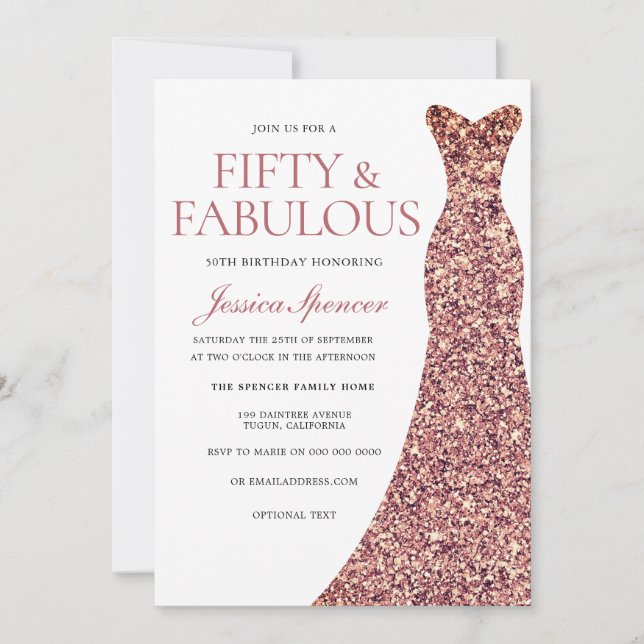 Rose Gold Sparkle Dress Womans 50th Birthday Party Invitation
