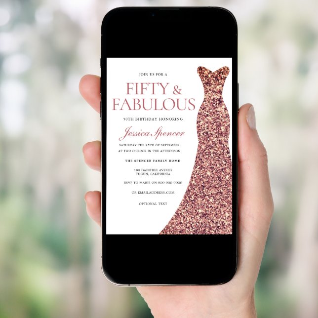 Rose Gold Sparkle Dress Womans 50th Birthday Party Invitation (Front Digital)