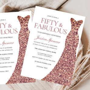 Rose Gold Sparkle Dress Womans 50th Birthday Party Invitation