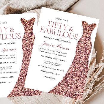 Rose Gold Sparkle Dress Womans 50th Birthday Party Invitation by Nicheandnest at Zazzle