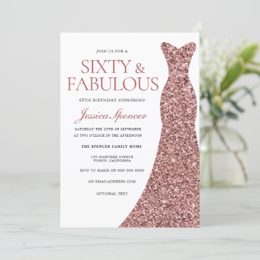 Rose Gold Sparkle Dress Womans 60th Birthday Party Invitation | Zazzle