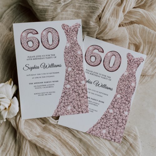 Rose Gold Sparkle Dress Womans 60th Birthday Party Invitation