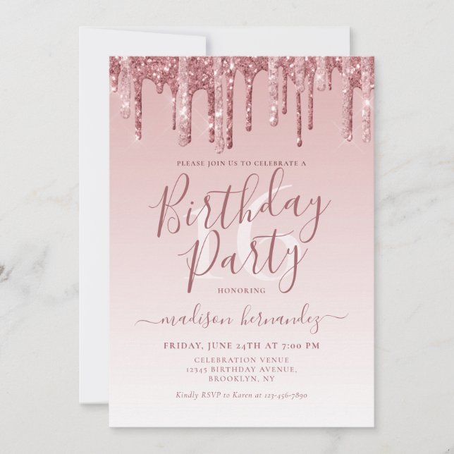 Rose Gold Sparkle Dripping Glitter 16th Birthday Invitation (Front)