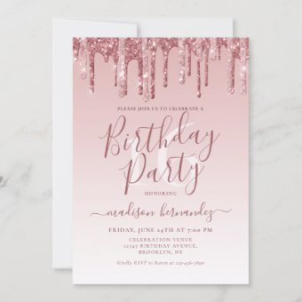 Rose Gold Sparkle Dripping Glitter 16th Birthday Invitation | Zazzle