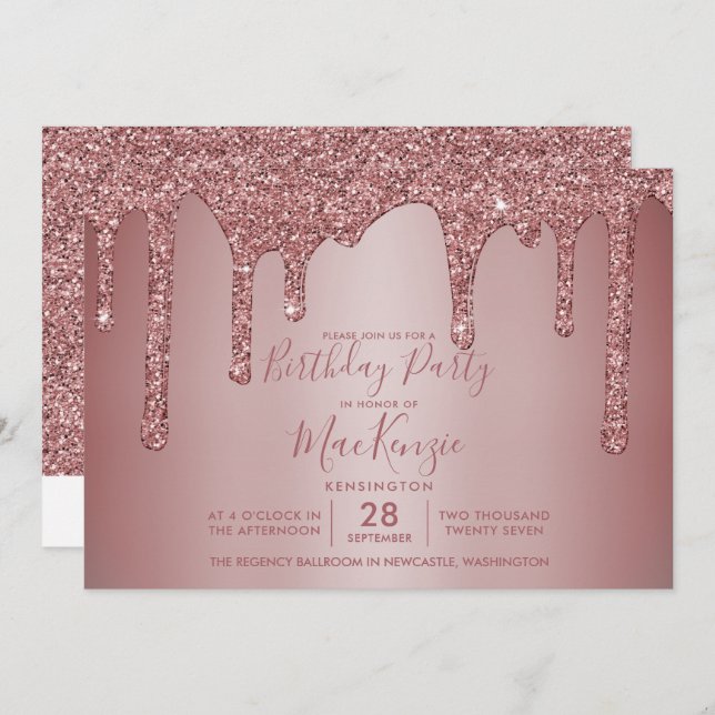 Rose Gold Sparkle Dripping Glitter Birthday Invitation (Front/Back)