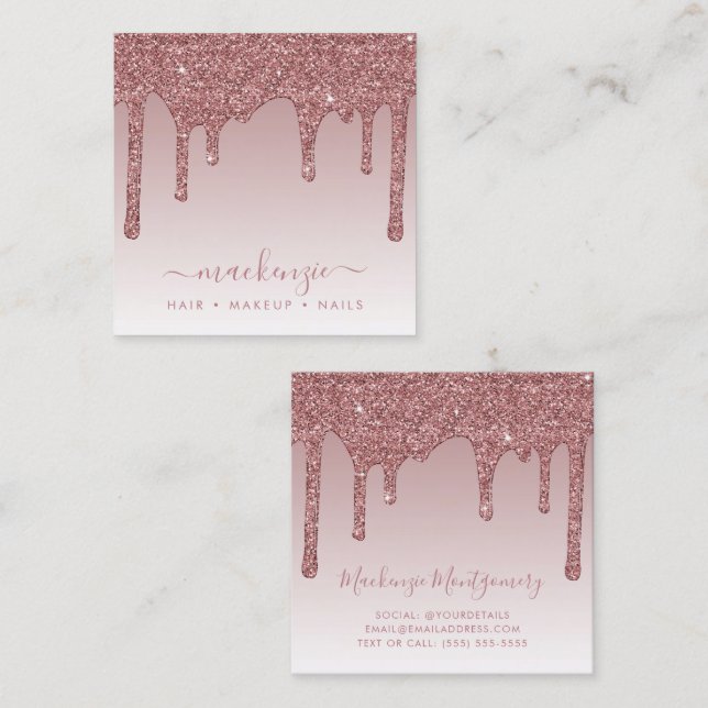 Rose Gold Sparkle Dripping Glitter Luxury Ombre Sq Square Business Card (Front/Back)