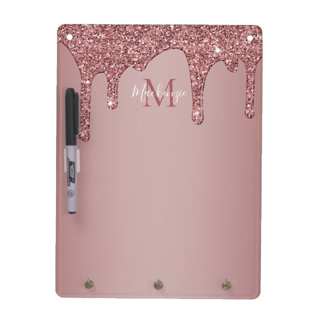 Rose Gold Sparkle Dripping Glitter Monogram Dry Erase Board (Front)