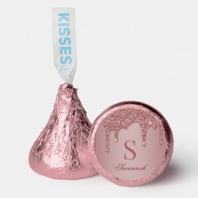 Rose Gold Sparkle Dripping Glitter Monogram Hershey®'s Kisses® (Front)